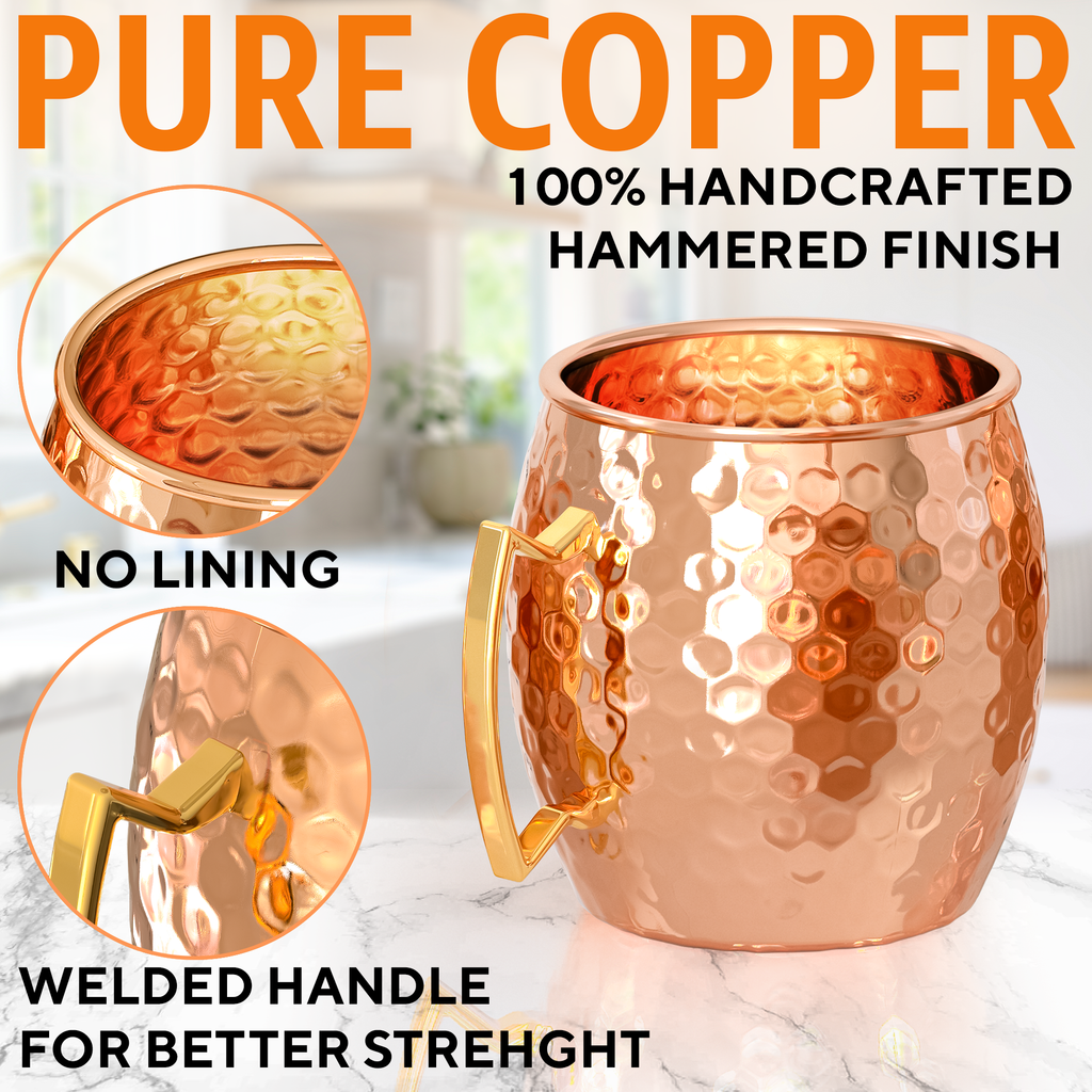 Moscow Mule Copper Mugs - Set of 4 - 100% HANDCRAFTED - Food Safe Pure Solid Copper Mugs - 16 oz Gift Set with BONUS: Highest Quality Cocktail Copper
